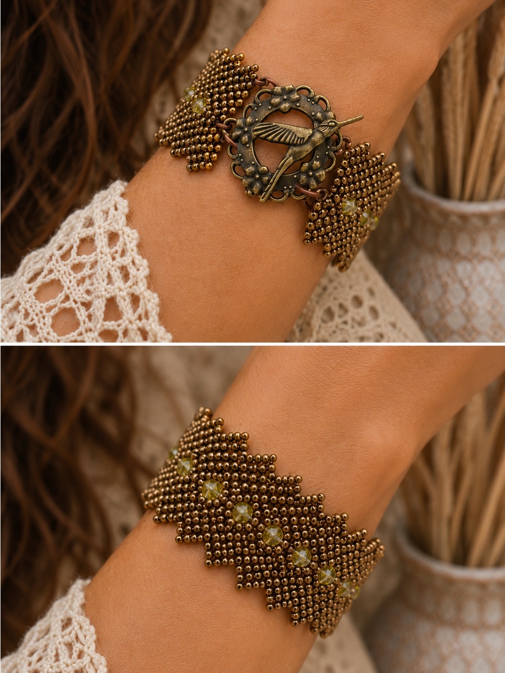 Hand Crafted Bronze and Olive Beaded Bracelet with Hummingbird Toggle